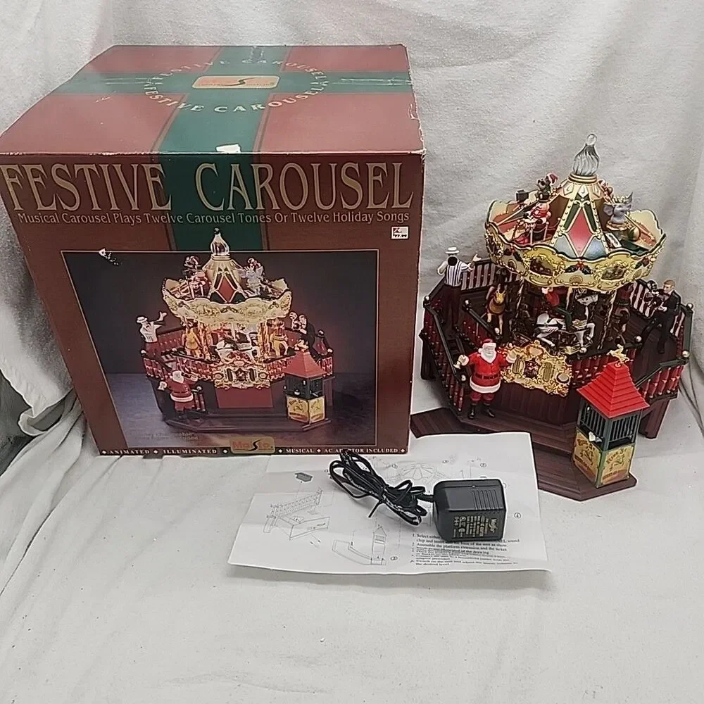 House Carousel LG Maisto Festive Santa Figure With Box Lights Musical Vtg 1996